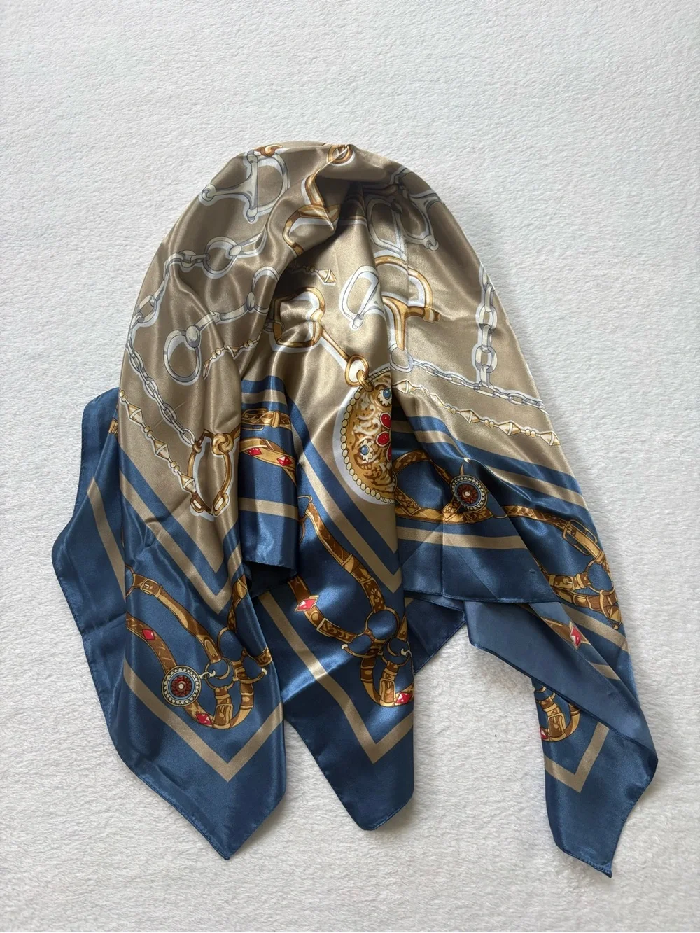 Silk-Feel Navy and Taupe Chain Print Scarf